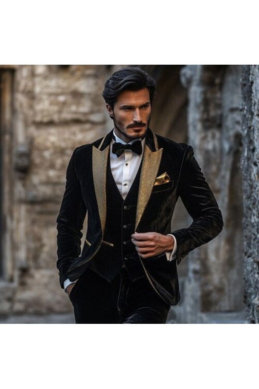 Gerard Fashion Black Velvet Three Pieces Men Suits With Gold Peaked Lapel Gerard Fashion Black Velvet Three Pieces Men Suits With Gold Peaked Lapel