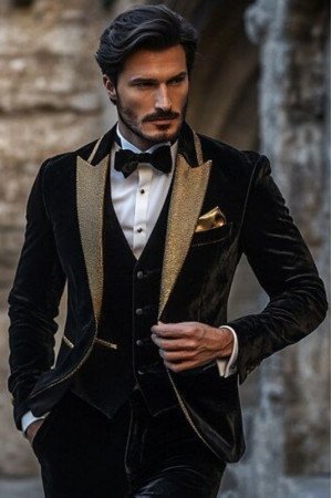 Gerard Fashion Black Velvet Three Pieces Men Suits With Gold Peaked Lapel Gerard Fashion Black Velvet Three Pieces Men Suits With Gold Peaked Lapel