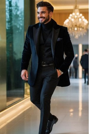 Harvey Modern Black Velvet Peaked Lapel Three Pieces Prom Outfits Harvey Modern Black Velvet Peaked Lapel Three Pieces Prom Outfits