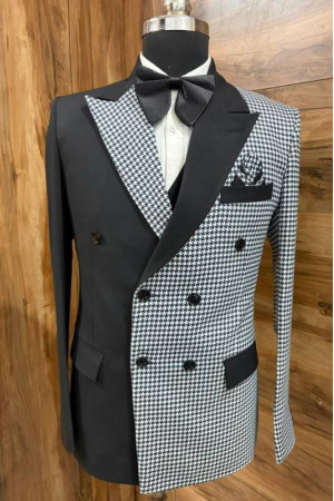 Lester Fashion Black And White Peaked Lapel Double Breasted Plaid Men Suits For Prom Lester Fashion Black And White Peaked Lapel Double Breasted Plaid Men Suits For Prom