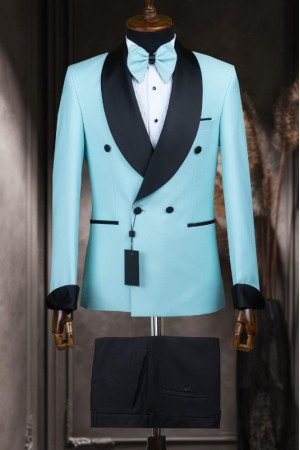 Dunn Sky Blue Shawl Lapel Double Breasted Men Suits