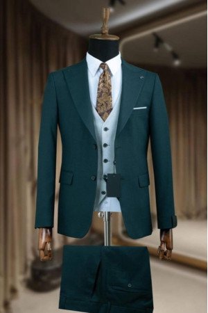Zebulon Dark Green Peaked Lapel Three Pieces Business Men Suits