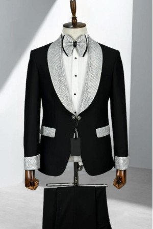 Alvis Black Wedding Men Suits With Sequins Shawl Lapel  Alvis Black Wedding Men Suits With Sequins Shawl Lapel