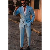 Abraham New Arrival Blue Peaked Lapel Prom Men Suits With Belt Abraham New Arrival Blue Peaked Lapel Prom Men Suits With Belt