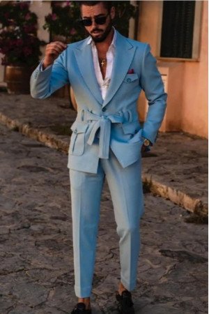 Abraham New Arrival Blue Peaked Lapel Prom Men Suits With Belt Abraham New Arrival Blue Peaked Lapel Prom Men Suits With Belt