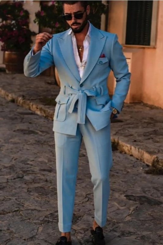 Abraham New Arrival Blue Peaked Lapel Prom Men Suits With Belt Abraham New Arrival Blue Peaked Lapel Prom Men Suits With Belt