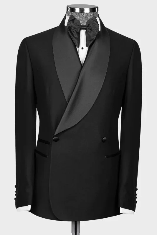 Modern 3 Piece Men's Suit with Stitched Shawl Lapel and Double Breasted Waistcoat Black main image 1
