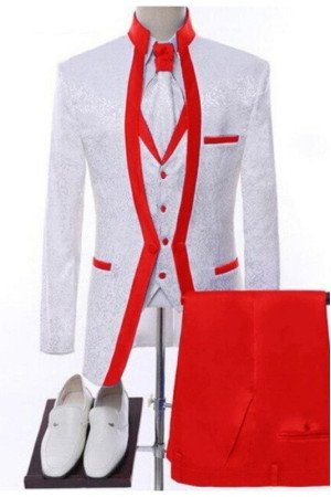 Ahern White Jacquard Three Pieces Wedding Men Suits With Red Shawl Lapel