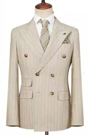 Adolph Khaki Peaked Lapel Double Breasted Striped Business Men Suits Adolph Khaki Peaked Lapel Double Breasted Striped Business Men Suits