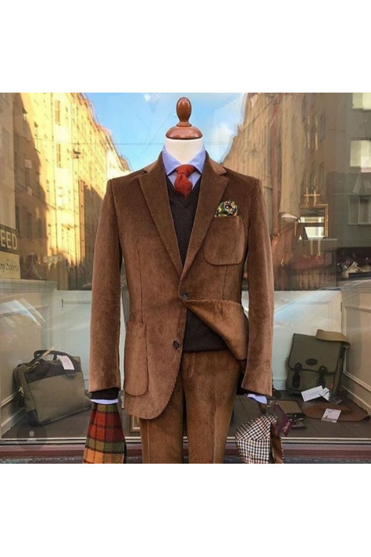 Jensen Fashion Brown Notched Lapel Corduroy Men Suits For Prom