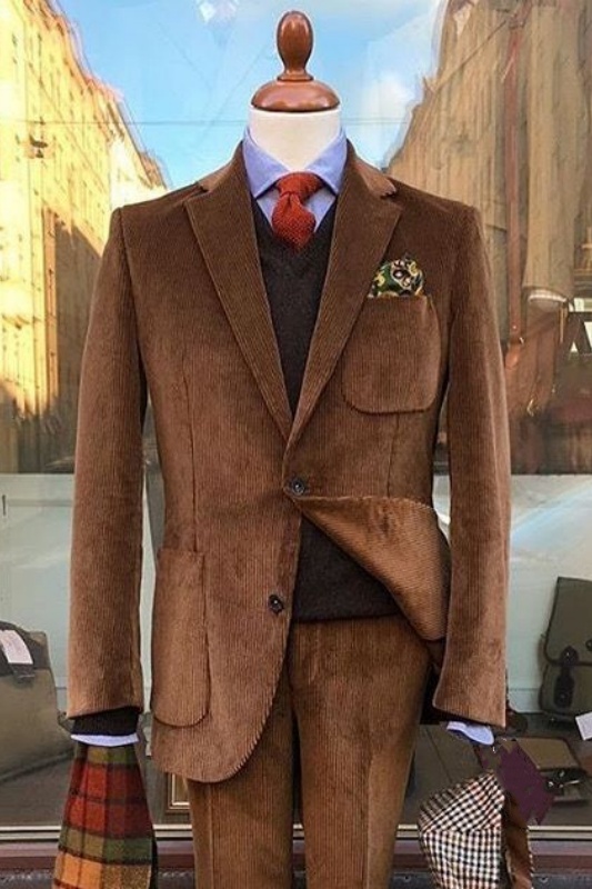 Jensen Fashion Brown Notched Lapel Corduroy Men Suits For Prom