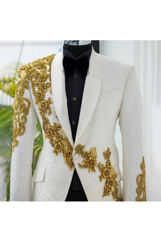 Aiden Newest White Jacquard Shawl Lapel Appliques Wedding Men Suits Aiden Newest White Jacquard Shawl Lapel Appliques Wedding Men Suits