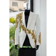 Aiden Newest White Jacquard Shawl Lapel Appliques Wedding Men Suits