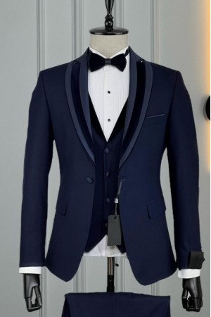 Amber Chic Dark Navy Shawl Lapel Three Pieces Wedding Men Suits Amber Chic Dark Navy Shawl Lapel Three Pieces Wedding Men Suits