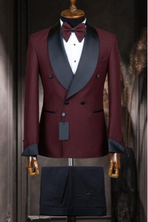Larry Burgundy Shawl Lapel Double Breasted Wedding Men Suits Larry Burgundy Shawl Lapel Double Breasted Wedding Men Suits