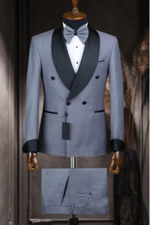 Omar Gray Blue Shawl Lapel Double Breasted Wedding Men Suits Omar Gray Blue Shawl Lapel Double Breasted Wedding Men Suits