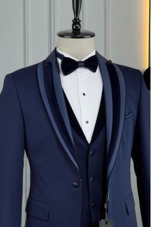 Gary Dark Blue Shawl Lapel Three Pieces Wedding Men Suits Gary Dark Blue Shawl Lapel Three Pieces Wedding Men Suits