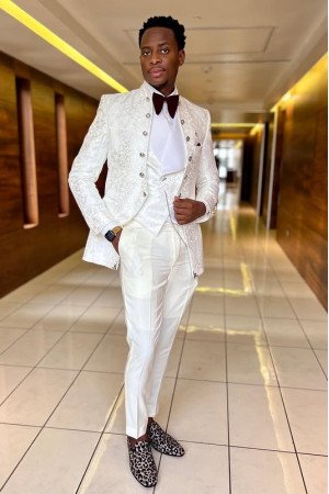 Isaac White Shawl Lapel Jacquard Three Pieces Wedding Men Suits