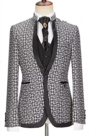 Kerr Black Shawl Lapel Jacquard Three Pieces Business Men Suits