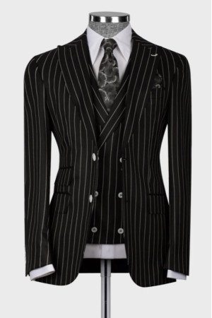 Chester Black Striped Peaked Lapel Three Pieces Business Men Suits