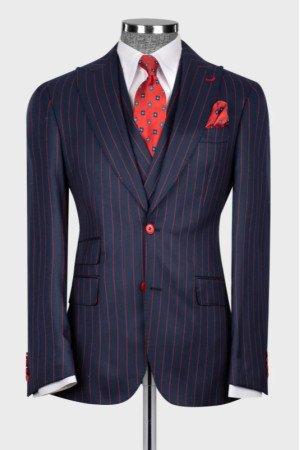 Dillon Dark Blue Striped Peaked Lapel Three Pieces Business Men Suits