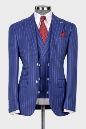 Goddard Blue Striped Peaked Lapel Three Pieces Business Men Suits Goddard Blue Striped Peaked Lapel Three Pieces Business Men Suits