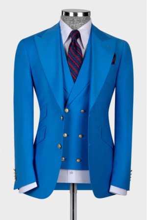 King Ocean Blue Peaked Lapel Three Pieces Wedding Men Suits