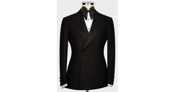 Groom Suit - Two Piece Peaked Lapel with Glitter Silver Sequins