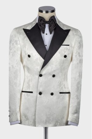 Dominic White Jacquard Double Breasted Wedding Men Suits With Black Peaked Lapel 