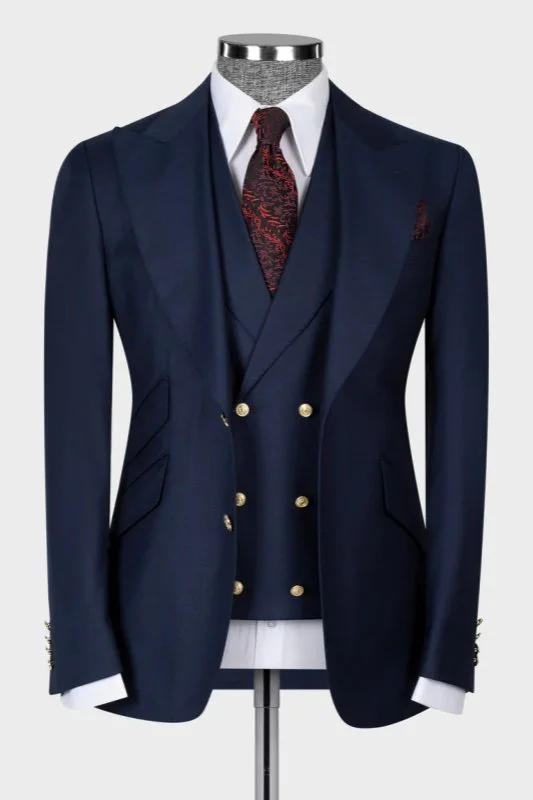 Navy Blue Peaked Lapel Easy Fit Three Pieces Suit for Men by Tyler