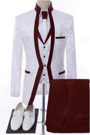 Carter White Jacquard Three Pieces Wedding Men Suits With Burgundy Shawl Lapel Carter White Jacquard Three Pieces Wedding Men Suits With Burgundy Shawl Lapel