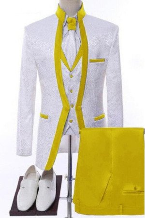Elijah White Jacquard Three Pieces Wedding Men Suits With Yellow Shawl Lapel  Elijah White Jacquard Three Pieces Wedding Men Suits With Yellow Shawl Lapel