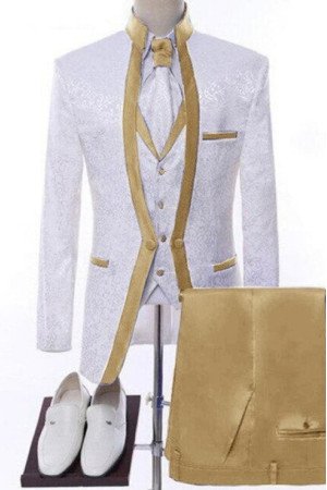 Frederick White Jacquard Three Pieces Wedding Men Suits With Gold Shawl Lapel