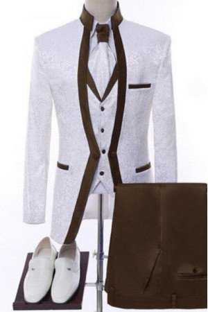Gerald White Jacquard Three Pieces Wedding Men Suits With Brown Shawl Lapel Gerald White Jacquard Three Pieces Wedding Men Suits With Brown Shawl Lapel