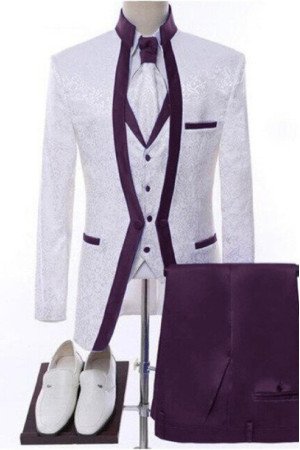 Marico White Jacquard Three Pieces Wedding Men Suits With Purple Shawl Lapel Marico White Jacquard Three Pieces Wedding Men Suits With Purple Shawl Lapel