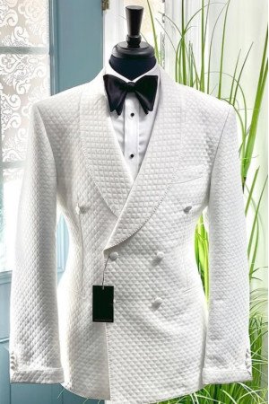 Felix Modern White Shawl Lapel Double Breasted Plaid Wedding Men Suits