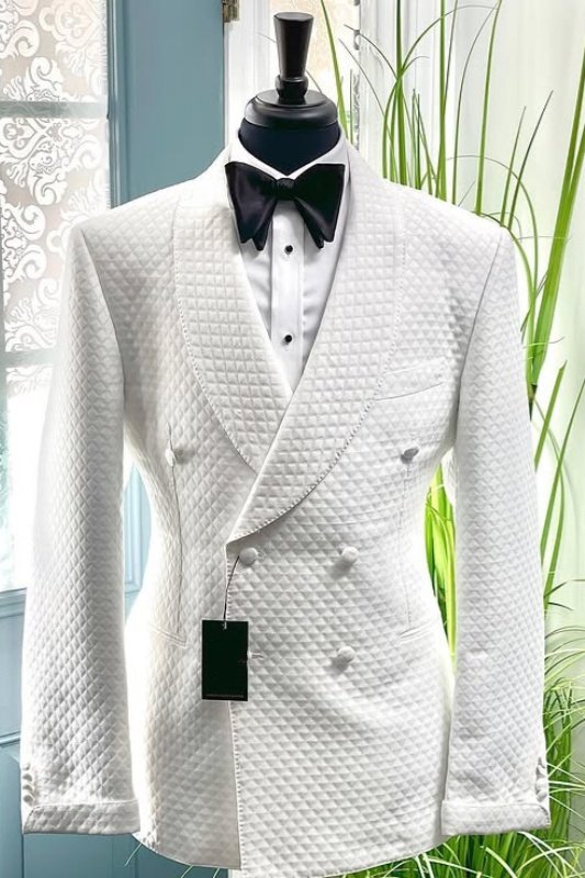 Felix Modern White Shawl Lapel Double Breasted Plaid Wedding Men Suits