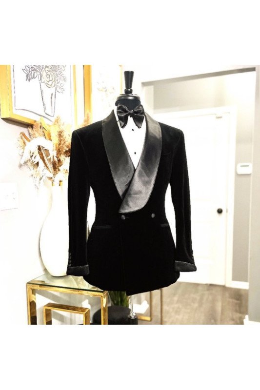 Gary Handsome Black Velvet Shawl Lapel Double Breasted Wedding Men Suits