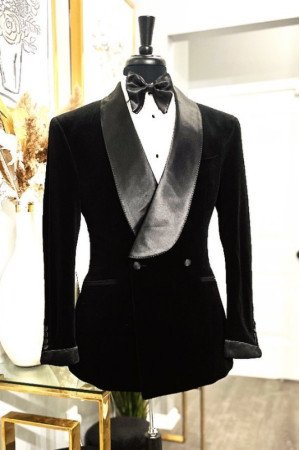 Gary Handsome Black Velvet Shawl Lapel Double Breasted Wedding Men Suits