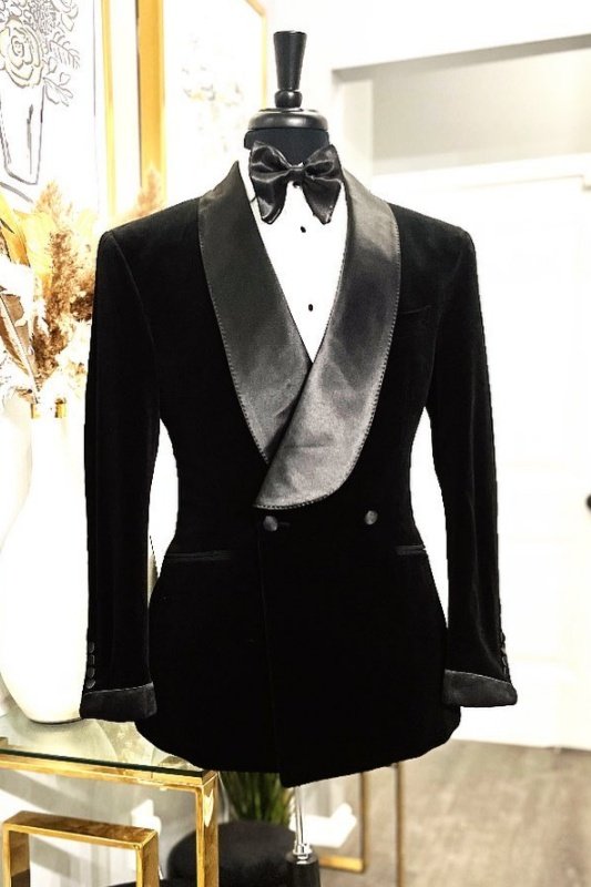 Gary Handsome Black Velvet Shawl Lapel Double Breasted Wedding Men Suits