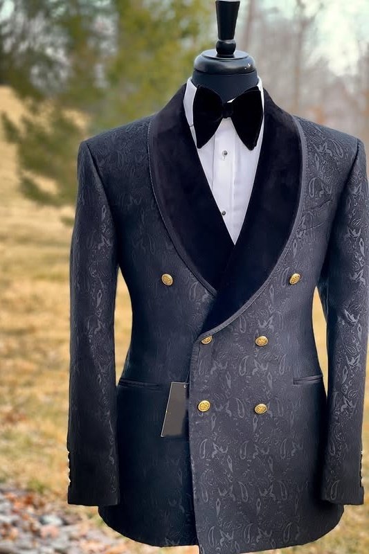 Haley Smart Black Double Breasted Jacquard Wedding Men Suits