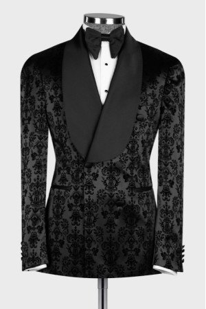 Jacky New Arrival Black Jacquard Shawl Lapel Double Breasted Wedding Men Suits
