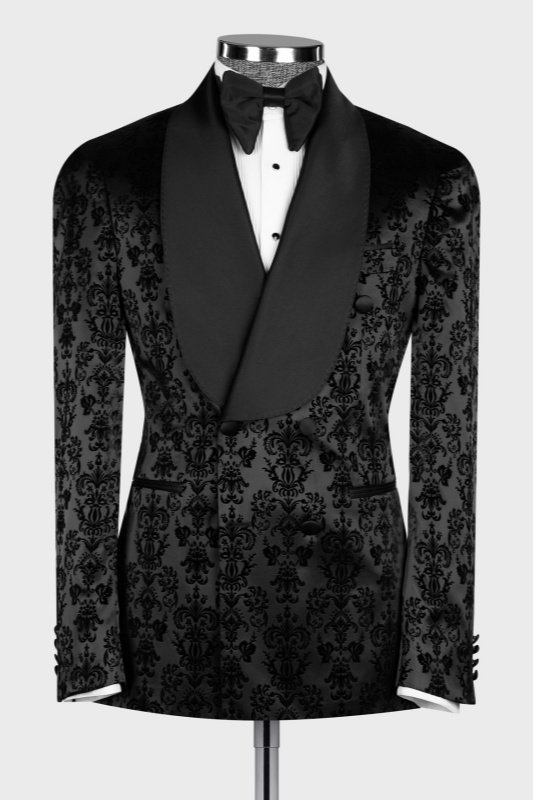 Jacky New Arrival Black Jacquard Shawl Lapel Double Breasted Wedding Men Suits