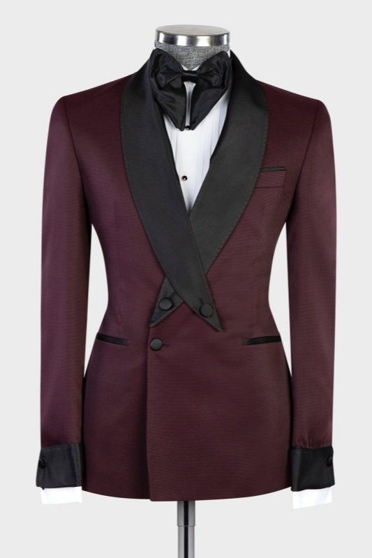 Kemp Chic Burgundy Shawl Lapel Double Breasted Wedding Men Suits