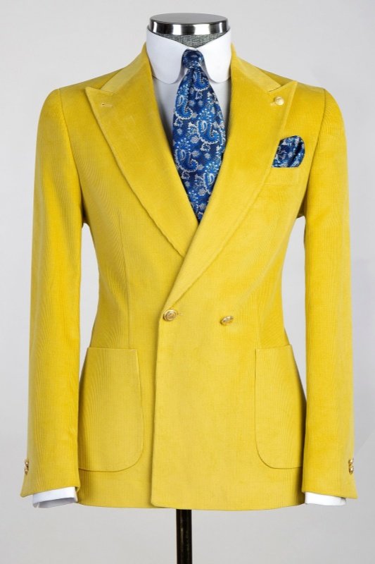 Larry Fancy Yellow Peaked Lapel Double Breasted Corduroy Prom Men Suits