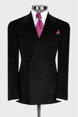 Nat Fashion Black Peaked Lapel Corduroy Slim Fit Men Suits