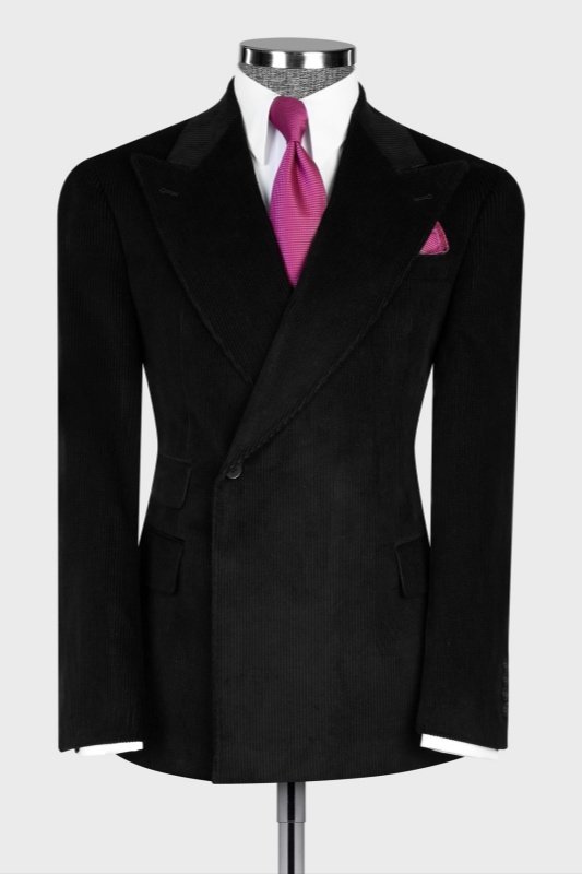 Nat Fashion Black Peaked Lapel Corduroy Slim Fit Men Suits
