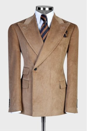 Oliver Stylish Khaki Peaked Lapel Corduroy Close Fitting Men Suits