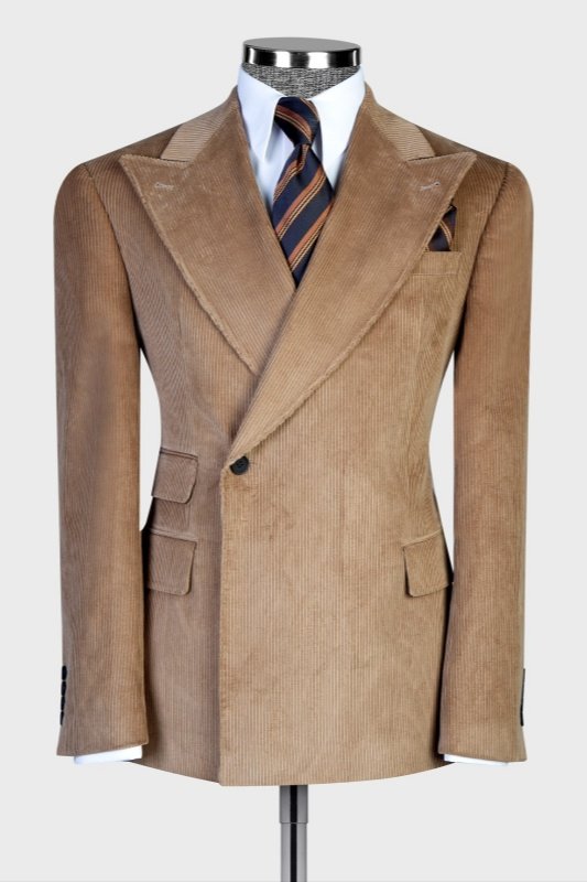 Oliver Stylish Khaki Peaked Lapel Corduroy Close Fitting Men Suits
