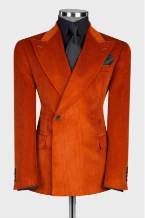 Page Fashion Orange Peaked Lapel Corduroy Slim Fit Men Suits